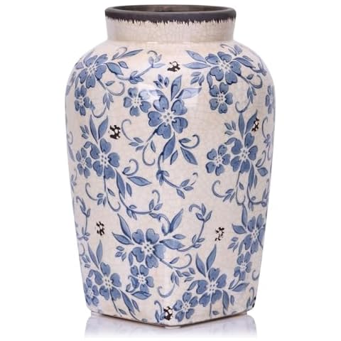 Blue and White Floral Vase - 9.7" Vintage Ceramic Pottery Vase for Centerpieces, Rustic Farmhouse Vase for Home Decor, Chinoiserie Decor Flower Vase, Chinoiserie Vase, Modern Farmhouse Vase Cover