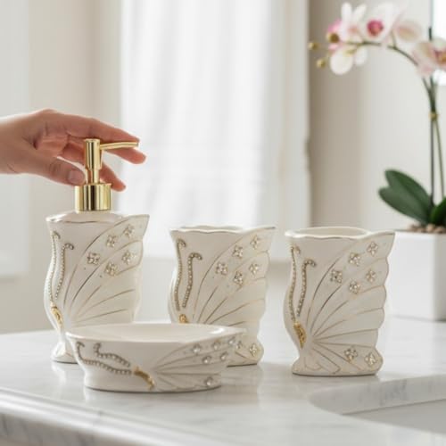 Image of Kookee Ceramic Bathroom Accessories Set of 4 - Soap Dispenser, Toothbrush Holder & Soap Dish | Modern Bath Set, Luxury Home Gift, White (12248)