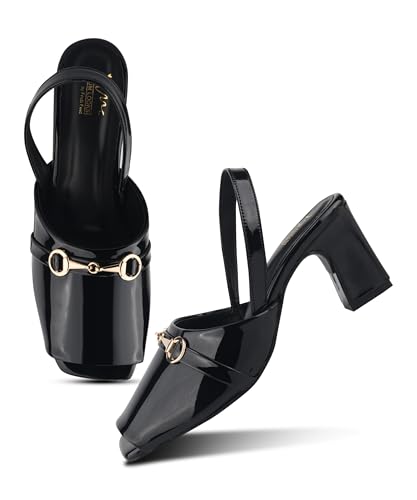 Image of JM LOOKS Sophisticated Patent Finish Block Heel Sandals with Elegant Metallic Horsebit Detail and Secure Slingback Strap