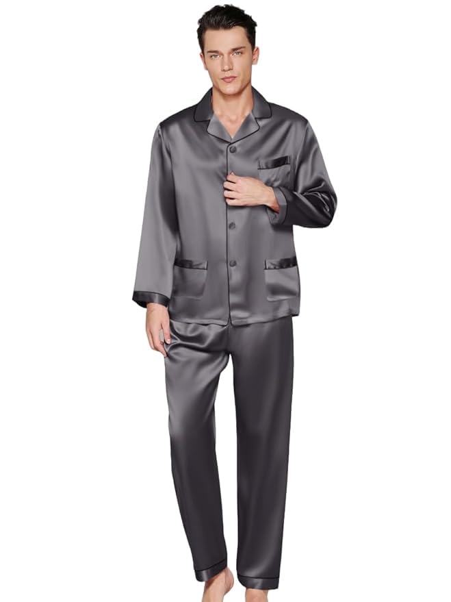 Men Satin Premium Piping Night Suit Full Sleeve (Dark Grey)