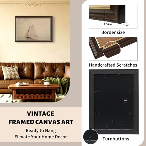 Image of Framed Vintage Sailboat Canvas Wall Art, Antique Nautical Watercolor Painting Prints, Neutral Tone Coastal Wall Decor for Living Room Bedroom Bathroom Office