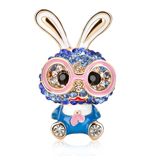 Rhinestone Rabbit Brooch and Pin for Women Girls Dainty Crystal Lady Rabbit Brooch Cute Bunny Animal Brooches Fashion Gold Plated Lapel Pins for Easter Jewelry Gift Party Costume Accessories Blue