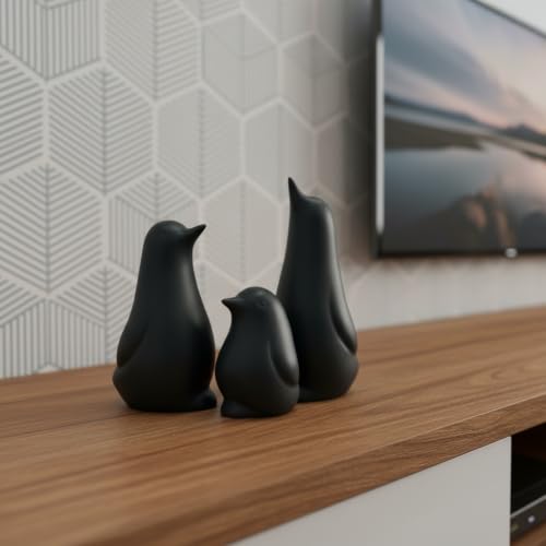 Image of Ceramic Penguin Family Figurine - Set of 3 | Black Penguin Figurines for Home Decor | Modern Nordic Tabletop Accent for Living Room, Bedroom, Office Desk & Shelves | Gift for Housewarming