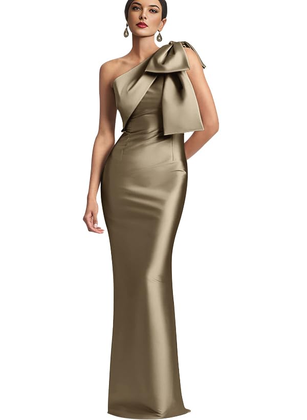 Image of One Shoulder Bridesmaid Dresses with Bow Long Mermaid Satin Back Slit Mother of The Bride Dresses PM004