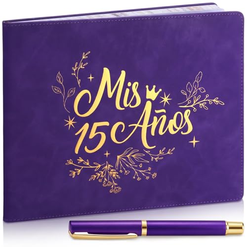 Image of MotiMind Quinceanera Guest Book with Pen 11 x 8 Inch Libro De Firmas Para 15 Anos Quinceanera Leather Hardcover Signature Guest Sign in Book for 15th Party Favors Decoration(Dark Purple,Vintage)