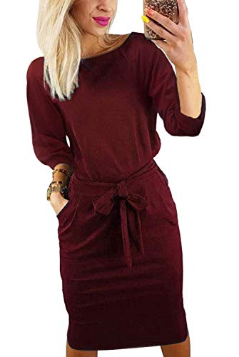 Kesujin Casual Dresses for Women Long Sleeve Wear to Work Business Office Party Sheath Belted Dress for Women(Wine Red, Tag S (US 4))