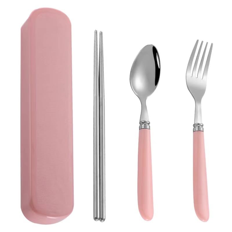 Image of 3-Piece Portable Cutlery Set for Lunch Box - Metal Spoon, Fork & Chopsticks, Travel Storage Box | Reusable Tableware for Office, School, Home & Travel for Men & Women (Pink)