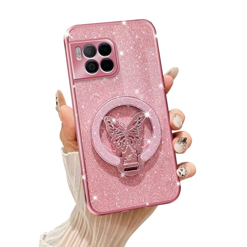 Tesazxcn Phone Case for T-Mobile Revvl 7 Pro [Compatible with Magsafe] with Butterfly Kickstand & Lanyard Soft TPU Bling Clear Shockproof Protection Cover for Revvl 7 Pro Case Rose Gold