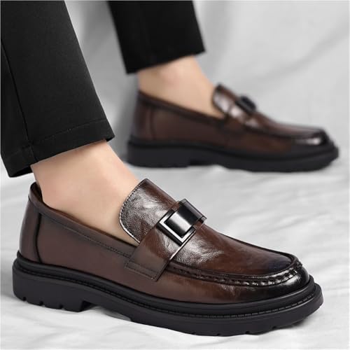 Men's British Korean Style Slip On Loafers Business Casual Leather Shoes Round Toe Handmade Wrinkled Texture Trendy Oxfords(Brown,6.5)2