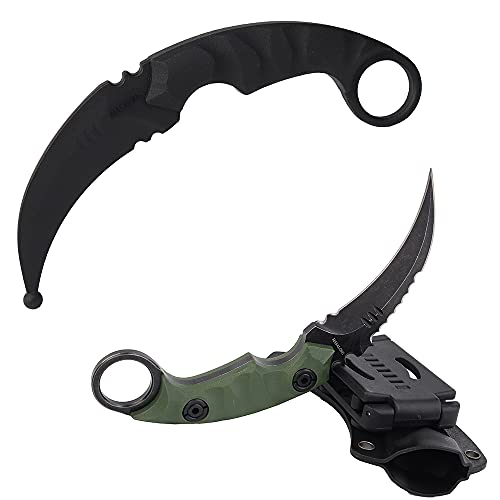 Masalong Outdoor Survival Claw Tactical Teeth Knife Double Edged Sharp Fixed Blade Knife With Sheath(5Cr Black Stone Wash Green Handle)+(No Blade Training Karambit -Black) #TOP20