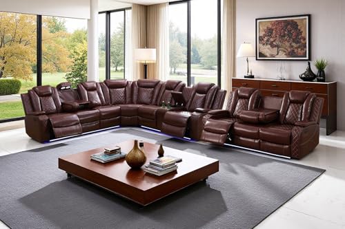 Image of Power Recliner Sectional Sofa Set with LED, Luxury Breathing Leather Reclining Corner Couch Set, 9 Seat L-Shaped Sofa Couch Set with 3 Seats Sofa, Cup Holders /Storage for Living Room