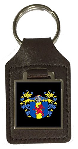 Porte-clés en cuir marron Colman avec blason familial gravé