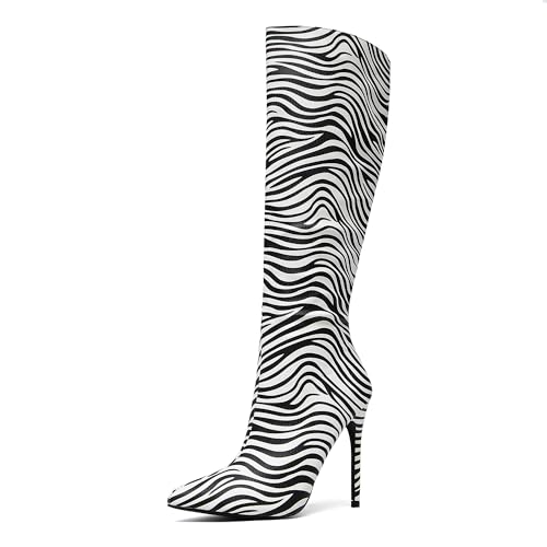 Women's Knee High Boots - Zebra Print Stiletto Heel Boots for Fall & Winter