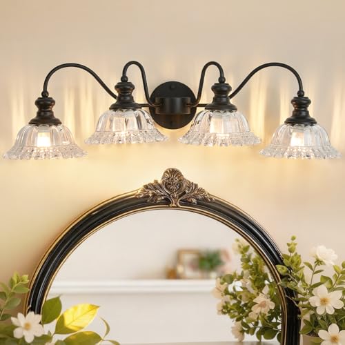 Image of 4 Lights Black Vintage Bathroom Vanity Light Fixture Over Mirror | Floral Transparent Glass Shades,Antique Wall Sconces,Wall Mount Up or Down, E26 Socket, Hardwired, 120V