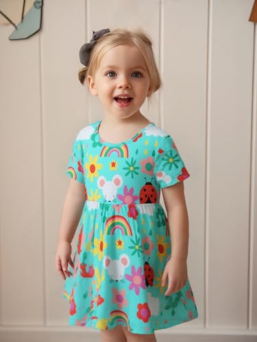 AIWUHE Toddler Girls Dress Cotton Casual Short Sleeve Striped Jersey Dresses Summer Cartoon Dinosaurs Appliques Shirt 2-7Y3