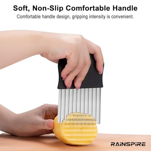 Image of Rainspire Crinkle Cutter for Vegetables & Fruits, Stainless Steel Wavy Knife for Potato Fries, Carrot Chips & Salad Garnishing, Ergonomic Handle, Black Vertical Cutter