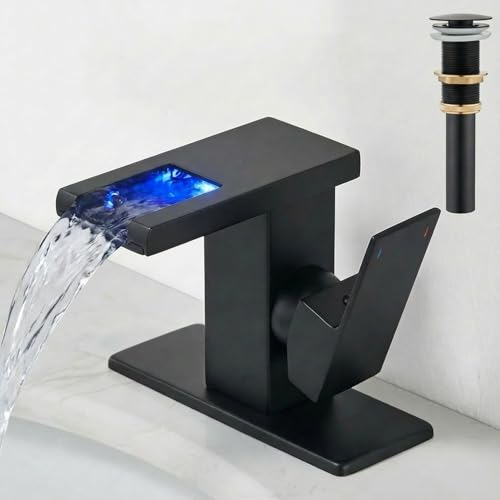 Image of AVSIILE LED Bathroom Sink Faucet, Matte Black Waterfall, Side Handle