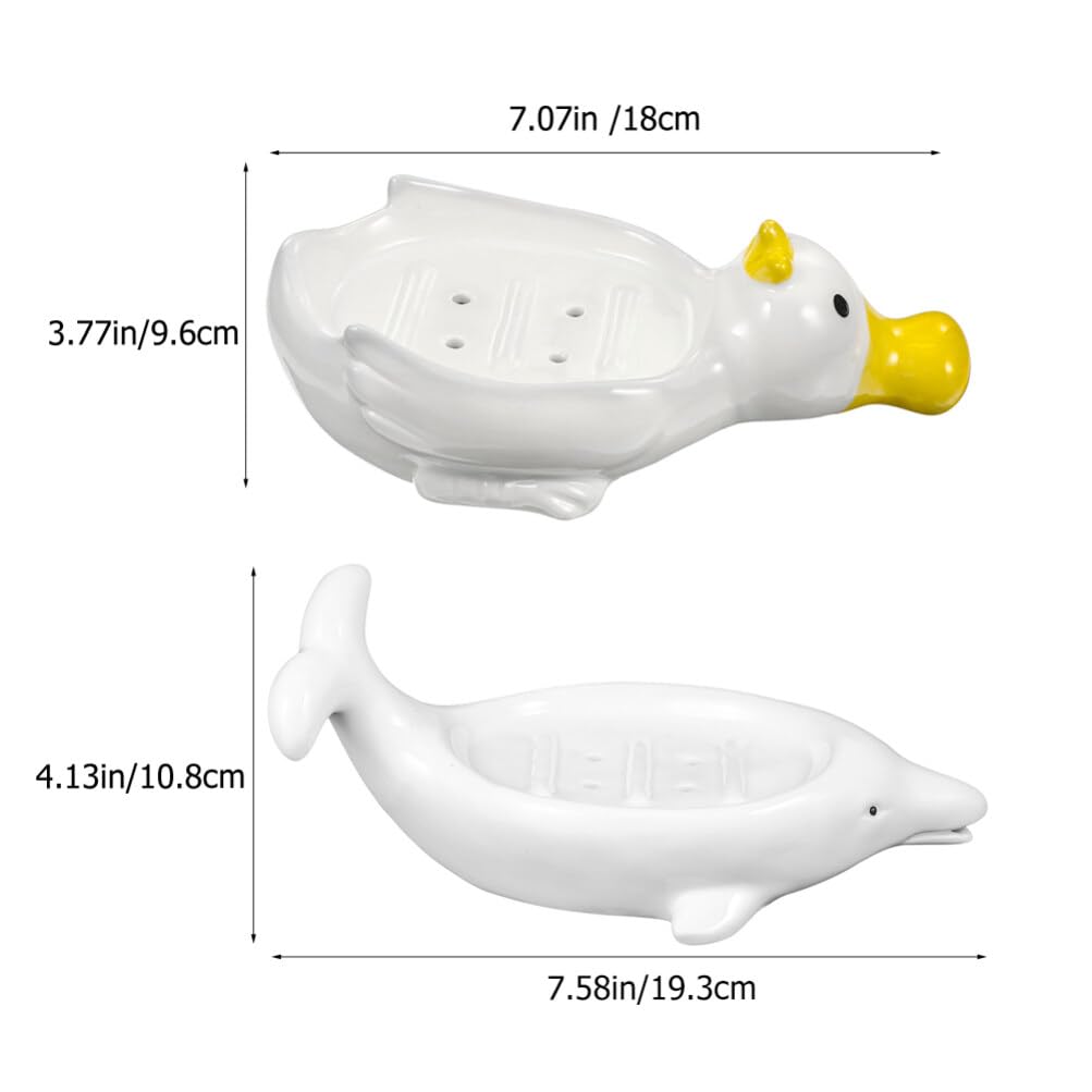 Jabonera Decorativa de Cerámica Forma de Mamífero Marino 2 Piezas | Blanco, Autodrenante para Baño y Ducha, también Sirve para Joyas y Esponja