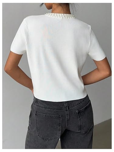 Floerns Women's Elegant Pearl Beaded Cardigan Sweater Short Sleeve Button Knit Pullover3