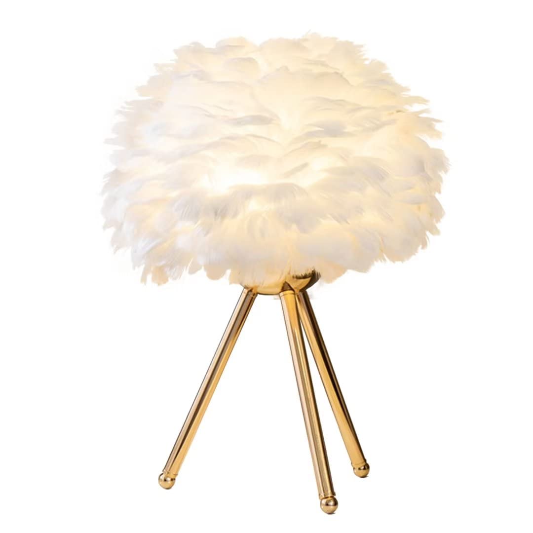 Lampada da tavolo in piuma bianca Lampada da comodino con elegante asta di supporto dorata Lampada da tavolo in piuma decorativa Lampada da tavolo in piuma per camera da letto, soggiorno
