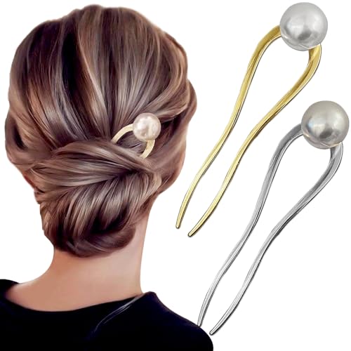 U Shaped Pearl French Hair Pin Gold Silver Metal Hair Clips French Hair Pins for Women Updo Hair Accessories Elegant French Pin Hair Clip U-Shape Hair Fork Hairpin Hair Sticks for Buns Hairclips, 2pcs