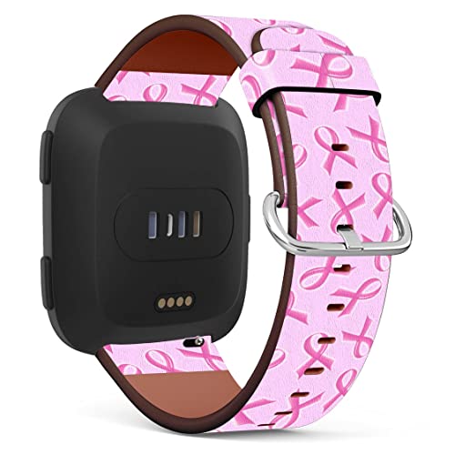 Mingdao Compatible with Fitbit Versa 2 / Versa/Versa Lite/Versa SE Patterned Leather Replacement Band (Pink Ribbon Against Breast Cancer Symbol)