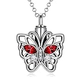 AOBOCO Cremation Jewelry 925 Sterling Silver Heart Flower Butterfly Urn Necklace for Ashes, Cremation Keepsake Necklace with Austrian Crystals, Women Memorial Jewelry (Butterfly-Simulated Ruby)
