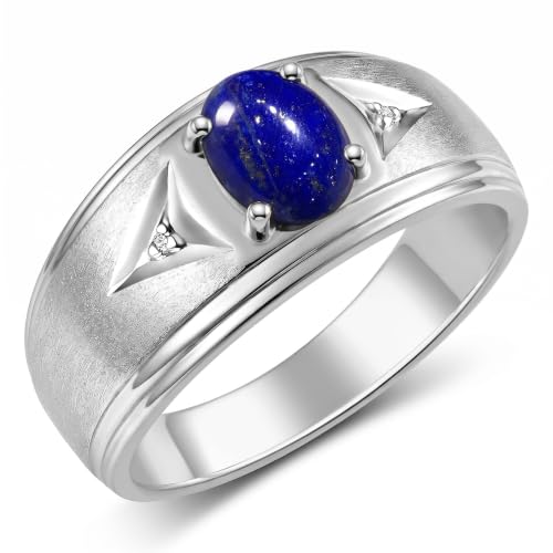 Image of Rylos Men's Rings Classic Design 8X6MM Oval Gemstone & Sparkling Diamond Ring - Color Stone Birthstone Rings for Men, Sterling Silver Rings in Sizes 8-13. Elevate Your Style with Timeless Elegance!