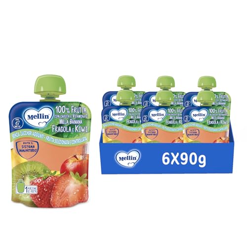 Mellin Merenda, Frutta Mista, Mela, Banana, Fragola e Kiwi, 6x90g | 100% Frutta Mista con Carota e Vitamina C, Indicato a partire dal 6° mese
