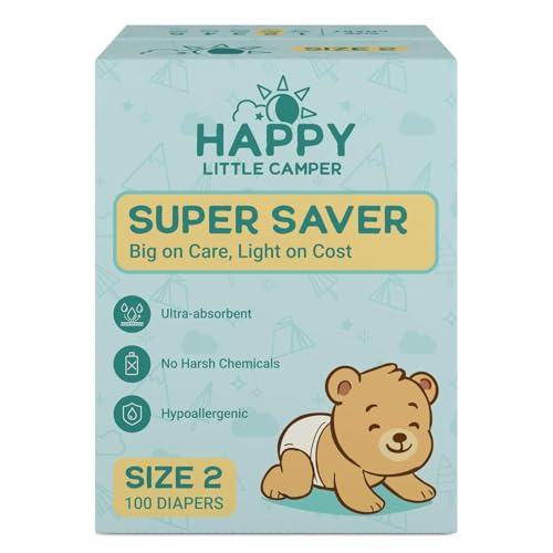 Image of Happy Little Camper Ultra-Absorbent Natural Baby Diapers Size 2 - Hypoallergenic & Chlorine-Free Disposable Diapers Safe for Sensitive Skin - Unscented Infant Diapers - 216 Count
