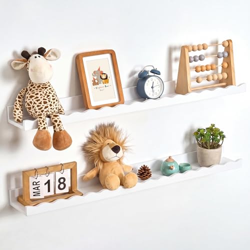 Image of Fun Memories Picture Ledge Shelf for Wall, 36 inch Pine Wood Nursery Book Shelves Set of 2- Wall Book Shelves for Kids Room, Home Decor - Kitchen Spice-White