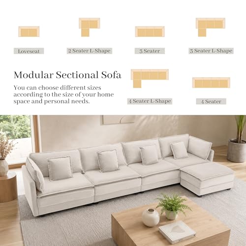 Image of Corduroy Sectional Couch, 4 Seater 149.2 inch L Shaped Cloud Couch with Ottoman, Modular Deep Seat Sofa with Pillows for Living Room, Apartment, Beige