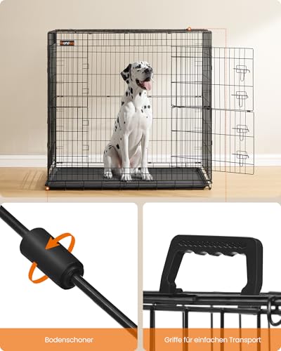 Feandrea Hundekäfig, klappbar, mit 2 Türen, ausziehbare Kunststoffschale, 122 x 74 x 114 cm, XXL, hoch, schwarz PPD050B01