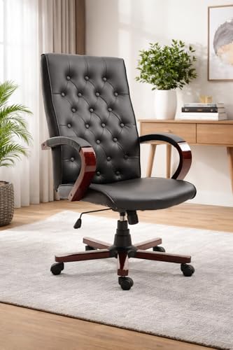 Image of High Back PU Leatherette Office Chair Director & Executive Chair Handle & Wooden WheelBase Height Adjustable & Revolving Chair Hand Crafting Desgin Modern Office Chair