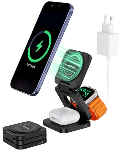 KU XIU X55 Turbo Qi2.2 25W Ladestation für Magsafe Faltbar 3 in 1 Ladestation für Apple Watch und iPhone 17-12 & AirPods Magnetisches Ladegerät Ständer Reise Wireless Charger 45W Adapter Schwarz