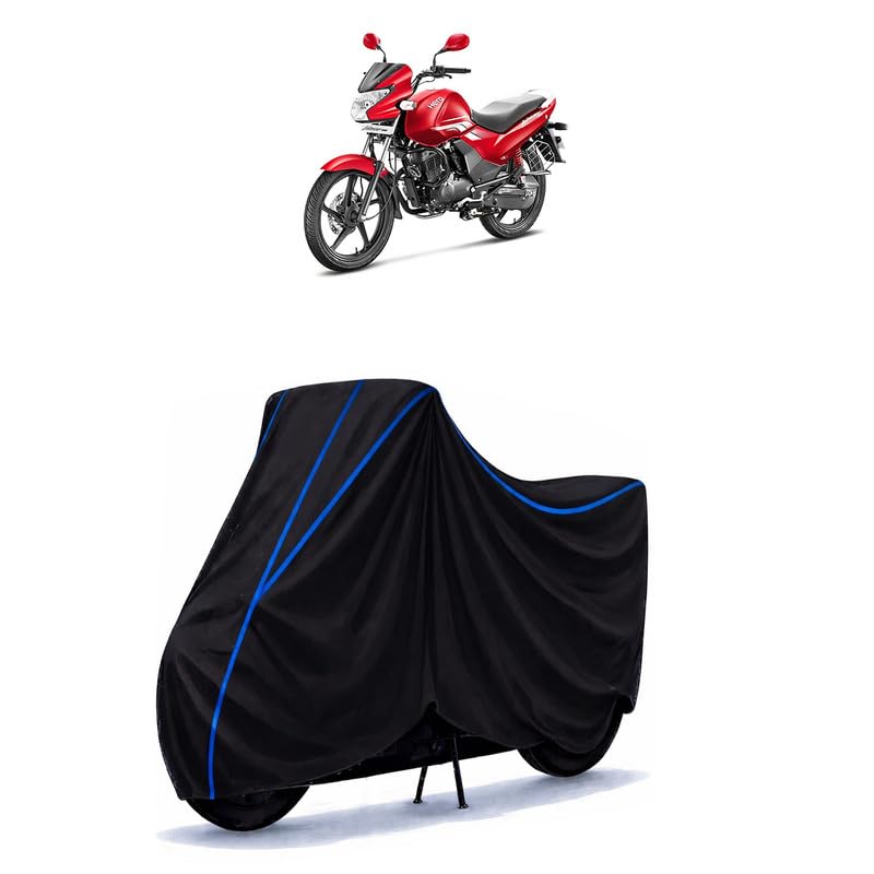 Image of Hero Achiever 150 Disc Bike Cover Water Resistant Universal Motorcycle Rain | Heavy Duty UV Protection, Dust, Scratch Indoor Outdoor All Weather with Black Blue Piping Elastic