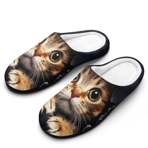 Cat Torn Cloth Women's Cotton Slippers Indoor Outdoor Slip-on Warm House Shoes with Anti-Skid Rubber Sole