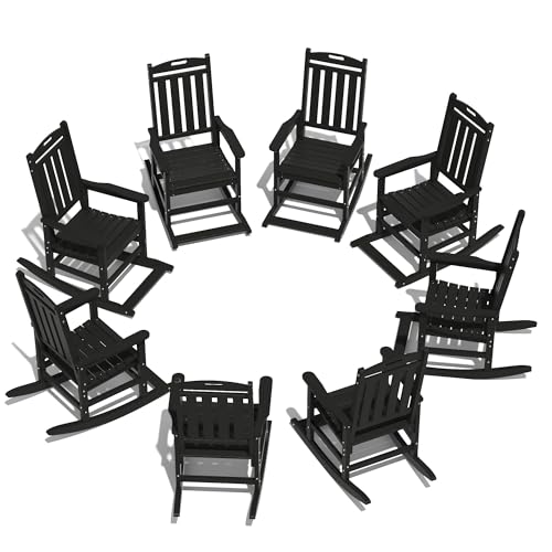 LOUNZY Outdoor Rocking Chair with Footboards Set of 8, HDPE Rocking Chair Patio Porch Rocker with 380lbs Support for Adult, Black Set of 8 Black