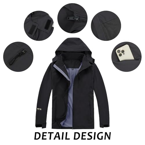 Ynport Crefreak Wasserdichte Herren Regenjacke für den Außenbereich Atmungsaktiv Gefüttert Wander Regenmantel Winddichter Regenanzug mit Abnehmbarer Kapuze und Reißverschlusstasche, Schwarz, L