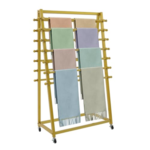 GXFCHYL 15 Tiers Metal Ribbon Holder Organizer Rack Double-Sided Ribbon Rack with 4 Universal Wheels, Scarf Display Stand for Pants, Ties, Belt and Towels (Gold)