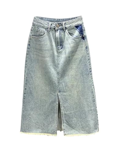 Hndudnff Falda de mezclilla vintage para mujer, cintura alta, contraste, bolsillo de color, falda larga acampanada, azul, 48