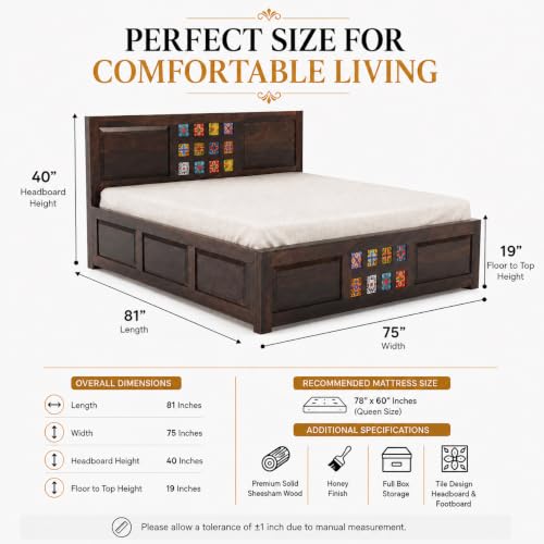 Image of SHISSO Solid Sheesham Wood King Size Bed with Storage Box | Wooden King Size Double Bed Cot Palang with Storage | Furniture for Bedroom,Home,Hotel | Tile Dalla Design | Walnut Finish