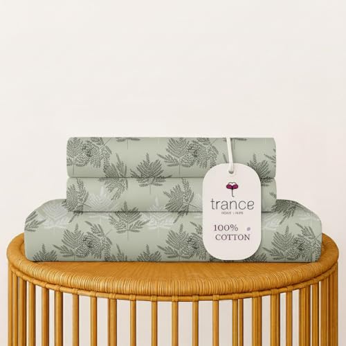 Image of Trance Home Linen Modern Art 100% Pure Cotton Bedsheet King Size | Double Bedsheets with 2 Pillow Covers |144 Tc | Hypoallergenic (108 x 108 inch, Ferns Paradise Green)