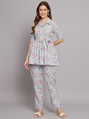 Image of Women's Cotton Regular Fit V Neck Printed Top with Trouser Co-ords Set with Fashion & Elegant Design (1 Top 1 Pant 1 Belt)