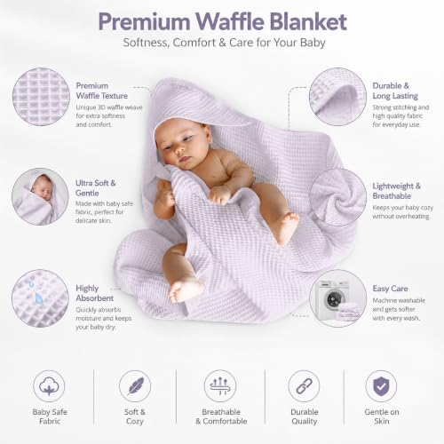 Image of Waffle Baby Blanket with Hood | 100% Cotton Muslin Baby Towel | Soft & Lightweight Newborn Swaddle Wrap (36x42 Inches, Light Purple)