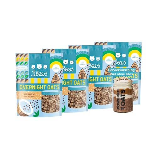 3Bears Overnight Oats - Koko Kakao, 4x400g vegane Porridgemischung mit Vollkorn-Haferflocken, Kokos und Kakao, vegan, ohne Zusatzstoffe & Industriezucker, nach eigener Rezeptur