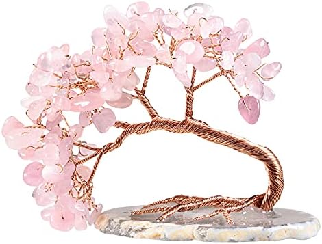 mookaitedecor Natural Rose Quartz Feng Shui Money Tree with Agate Slice Base for Desk Decor Wealth Luck, Healing Crystal Stone Tree Ornaments, Height 3-4 Inch