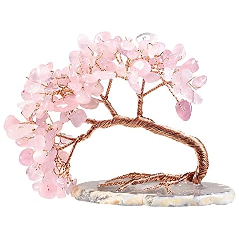 mookaitedecor Natural Rose Quartz Crystal Money Tree Agate Slice Base Feng Shui Bonsai Crystal Tree for Wealth Luck Desk Decor, 3-4 Inch High Cover