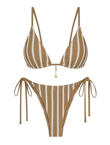 ZAFUL Khaki Crochet Bikini Sets for Women Cheeky Two Piece Bathing Suits Tie Side Striped Brazilian High Cut Knit Swimsuit for Vacation Resort Wear M
