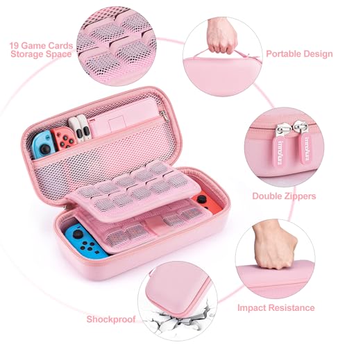 Image of innoAura Switch Case 19-in-1 Bundle for NS Switch (2017), with Carrying Case, Game Organizer, Screen Protector, Stand and Thumb Grips, Pink